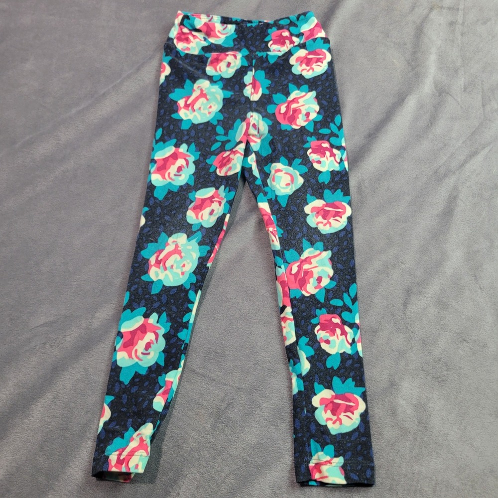 LuLaRoe Kids Leggings S/M Navy Pink Teal Floral Buttery Soft High Waist Stretch